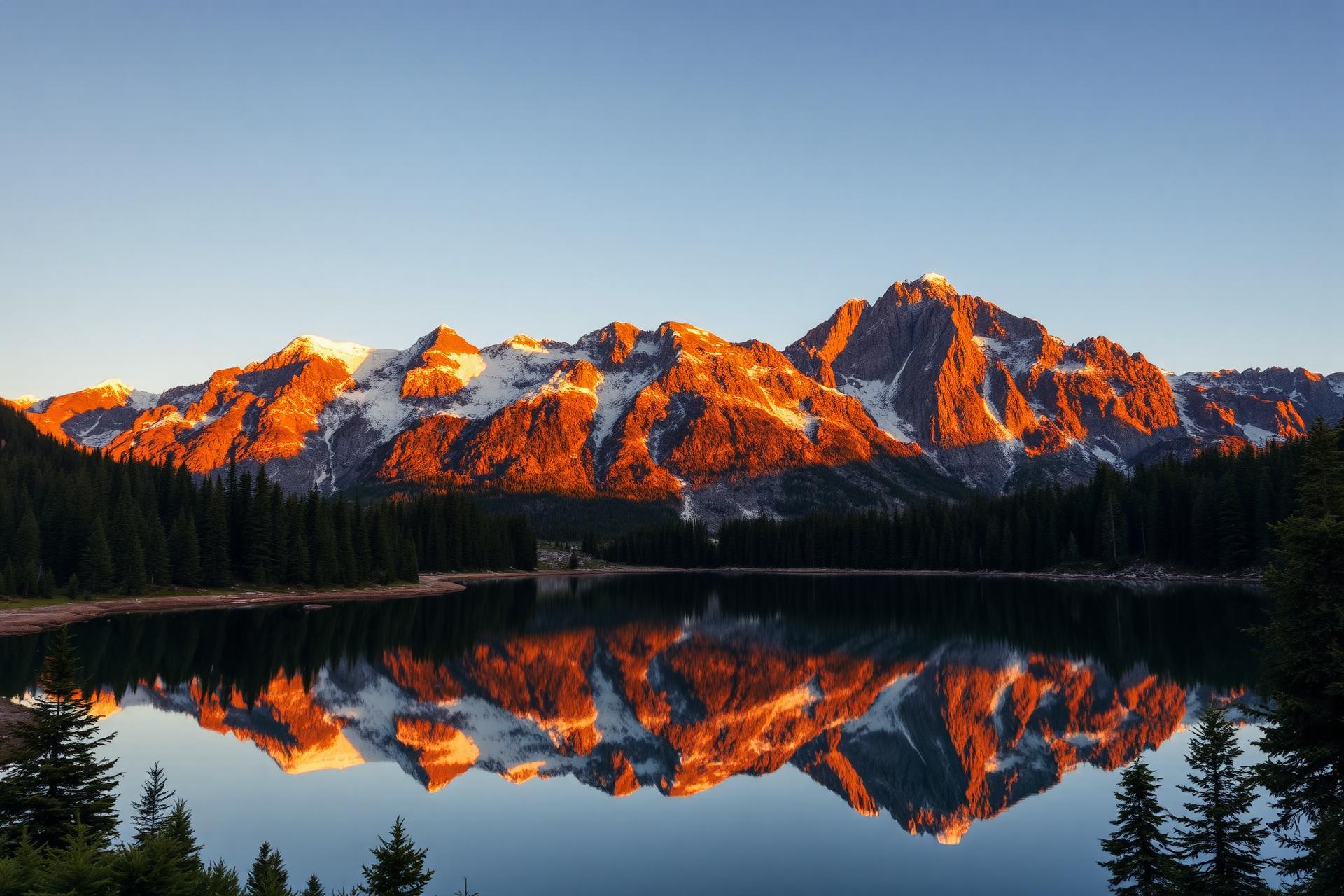 Mountain peaks reflected in an alpine lake at golden hour
